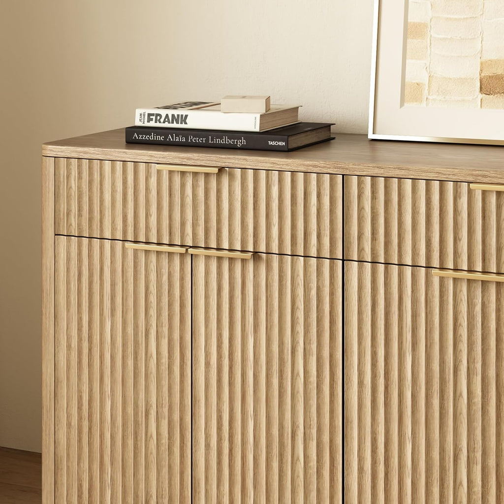 Evermagin 67" Fluted Oak Sideboard Buffet Cabinet with 3 Drawers, Modern Credenza with Storage, Console Coffee Bar Cabinet for Kitchen, Living Room and Entryway (67" W x 31.5" H x 15.7" D)