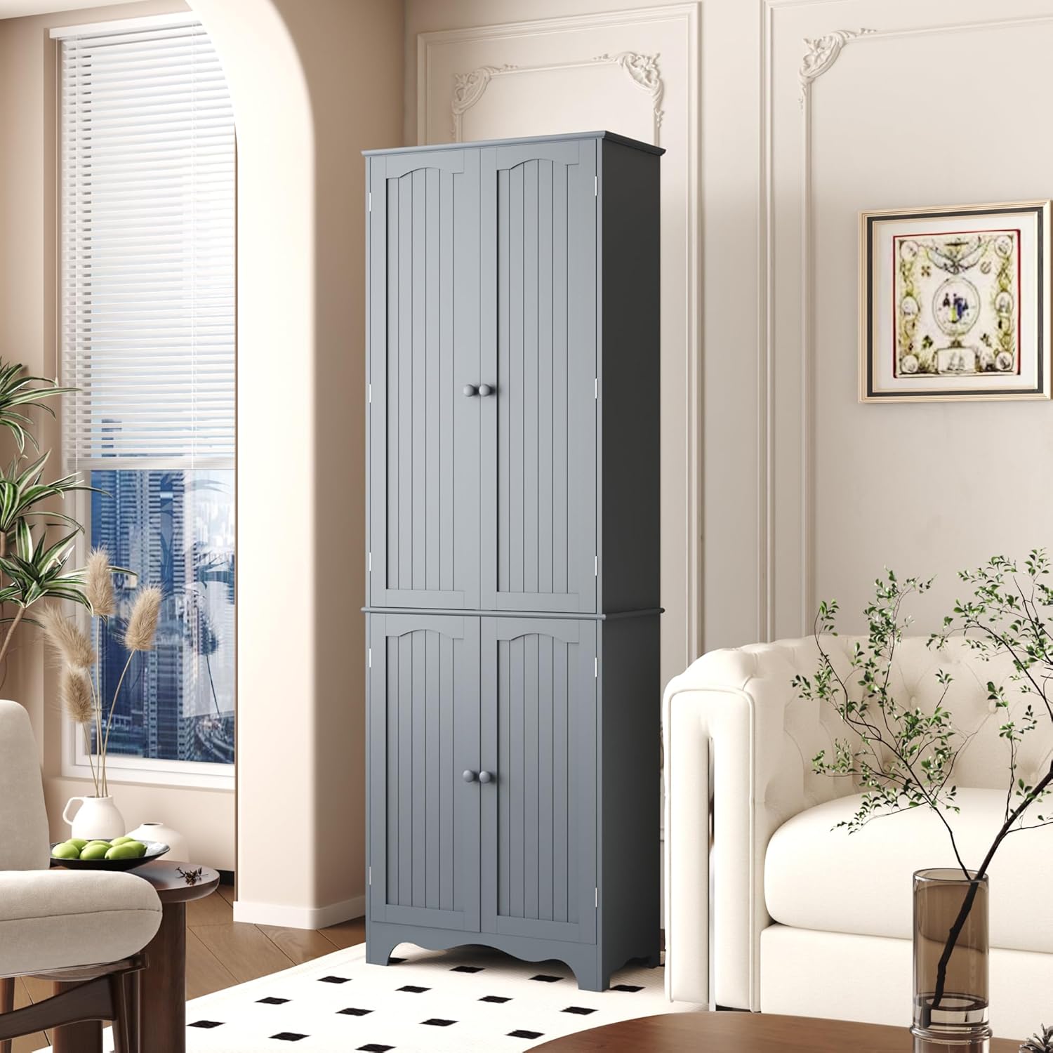 Function Home Tall Pantry Cabinet, Freestanding Storage Cabinet, Wooden Kitchen Pantry with 4 Doors and 5 Shelves, 72" Floor Cabinet Organizer for Kitchen Living Room Bathroom, Grey