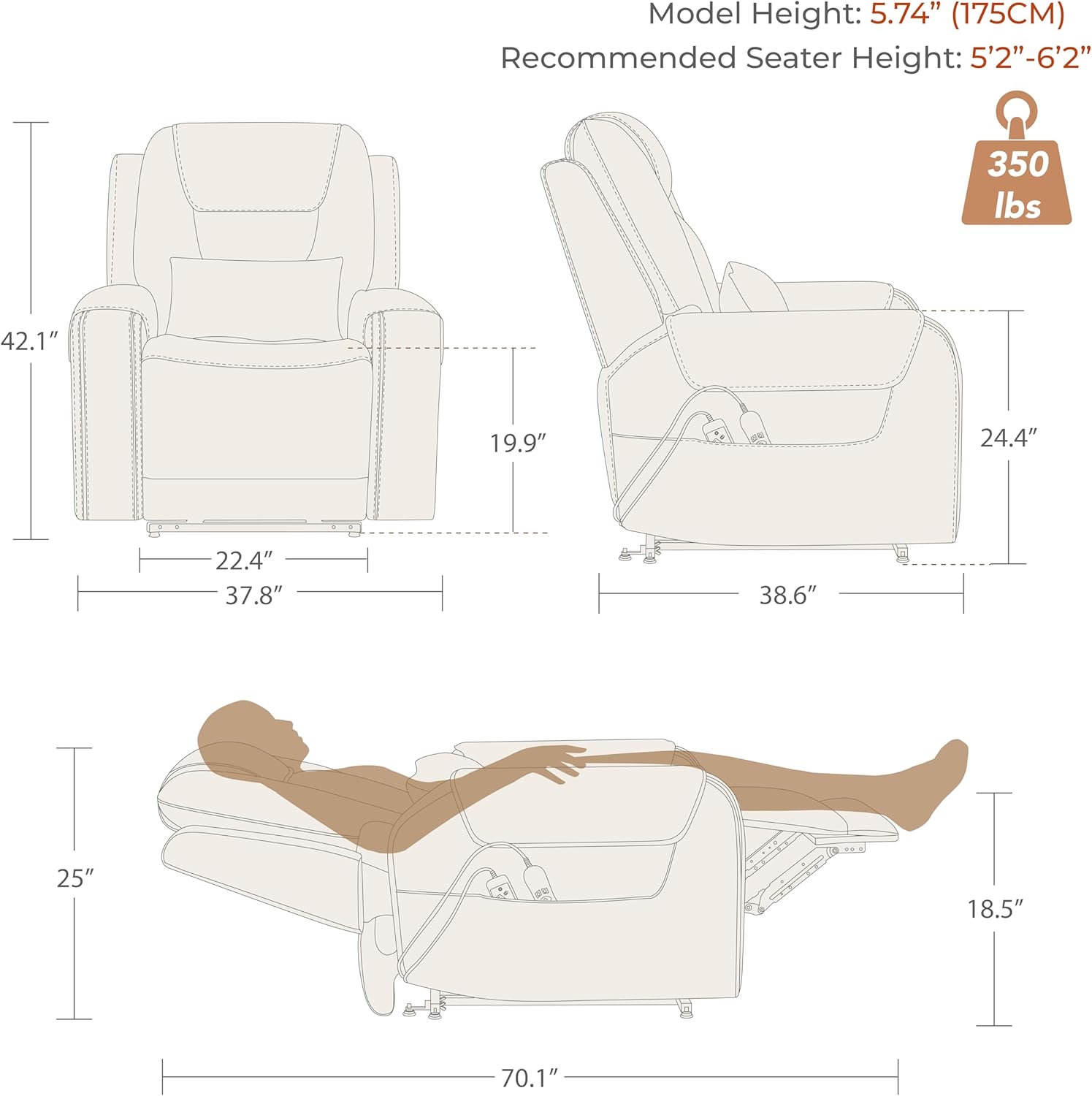 CHITA Electric Power Lift Recliner Chair for Elderly with Massage and Heat, Large Lay Flat Genuine Leather Recliner Chair with Cup Holders, USB Ports, Power Headrest, Independent Backrest, Dark Brown
