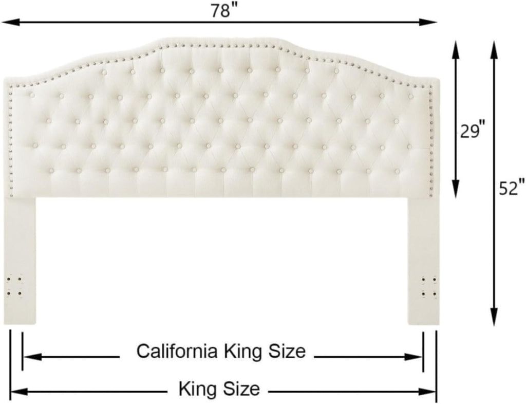 24KF Upholstered Button Tufted King Size Headboard with Nailhead Trim, Elegant Boucle Fabric California King headboard, 6031-K-Boucle-Ivory