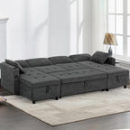 110" Fabric Pull-Out Couch Bed w/Adjustable Backrests, Sectional Sleeper Sofa w/USB Ports & 2 Cup Holders, Upholstered U-Shaped Couch w/Storage Chaise for Living Room, House, Grey