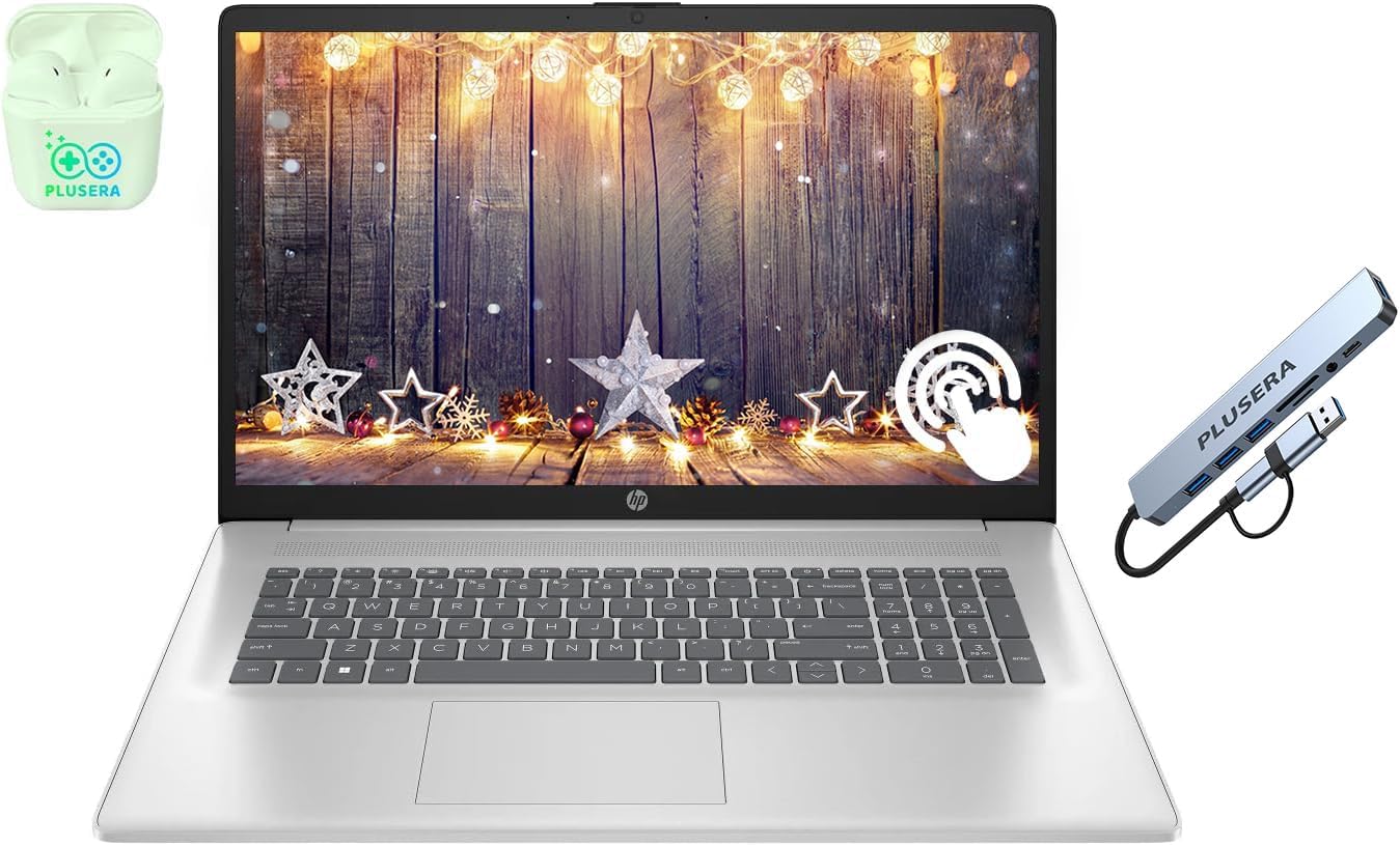 HP 17.3" Touchscreen Laptop Computer  64GB RAM 2.5TB Storage (2TB SSD+512GB Docking Station Set)  6-Cores AMD Ryzen 5  Windows 11  PLUSERA Earphones