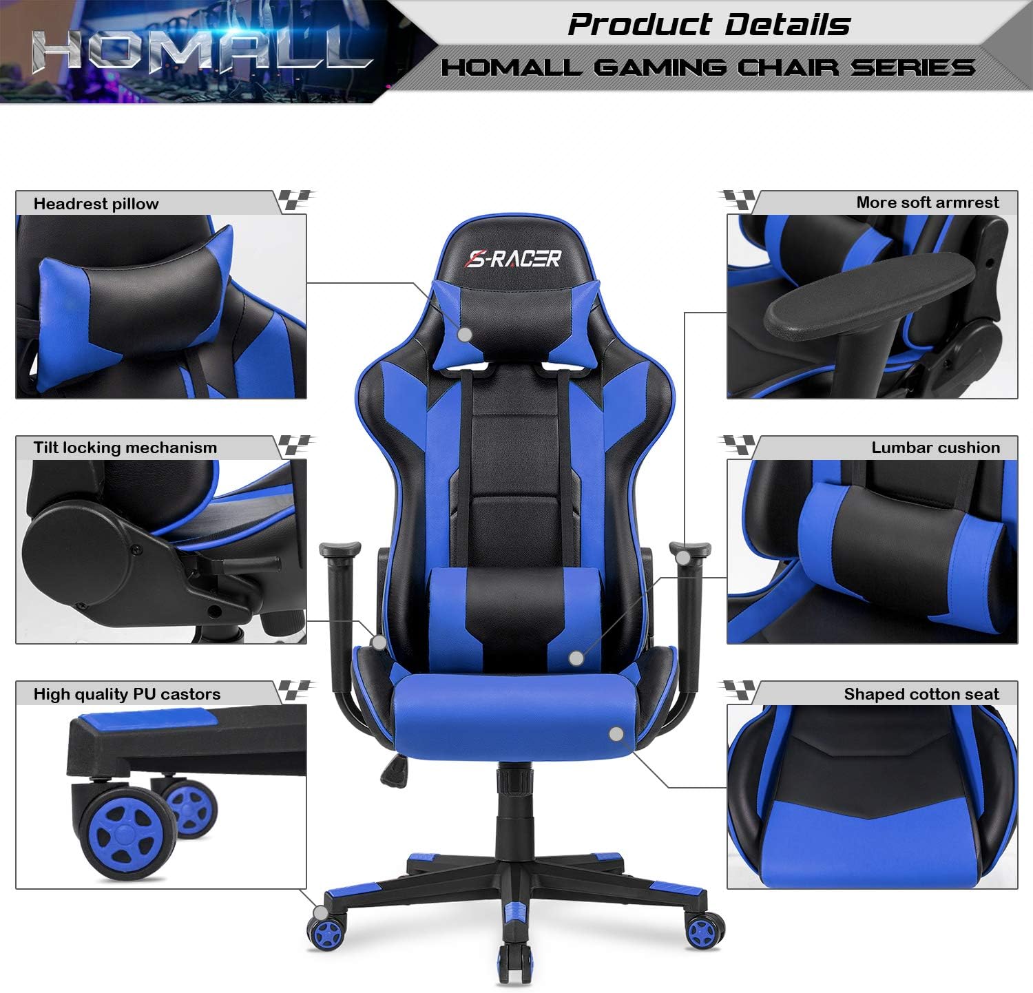Homall Gaming Chair, Office Chair High Back Computer Chair Leather Desk Chair Racing Executive Ergonomic Adjustable Swivel Task Chair with Headrest and Lumbar Support(Blue)