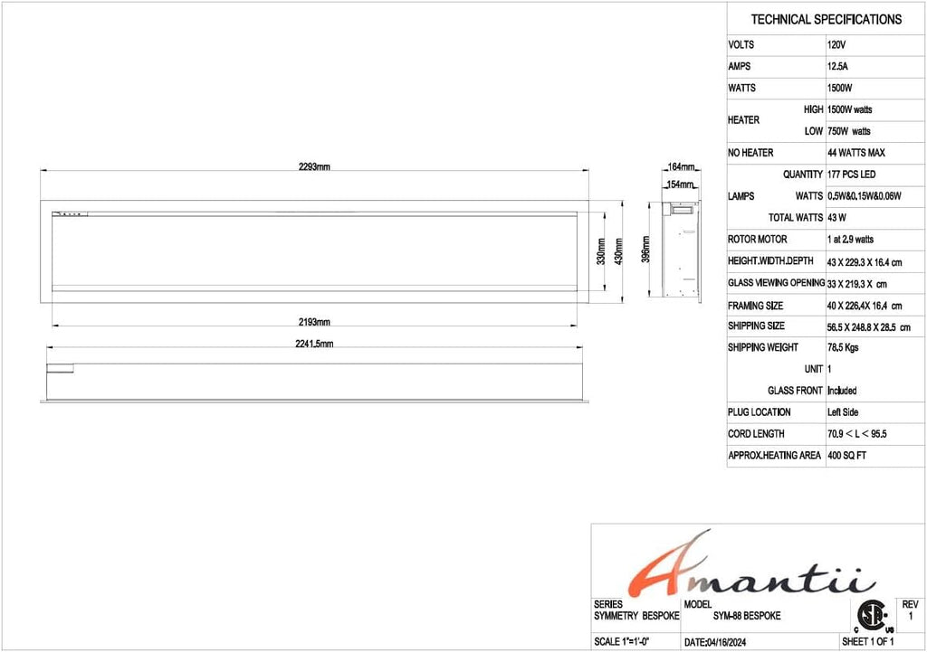 Amantii SYM-88-BESPOKE Symmetry Series Bespoke 88-Inch Built-in Electric Fireplace with Remote  Media  Black Steel Surround