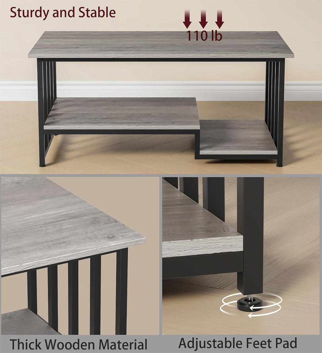 Coffee Table, 39 Inch 2-Tier Farmhouse Rustic Coffee Table with Storage, Modern Rectangle Wooden Center Table, for Living Room, Small Space, Easy Assembly, Wash Gray