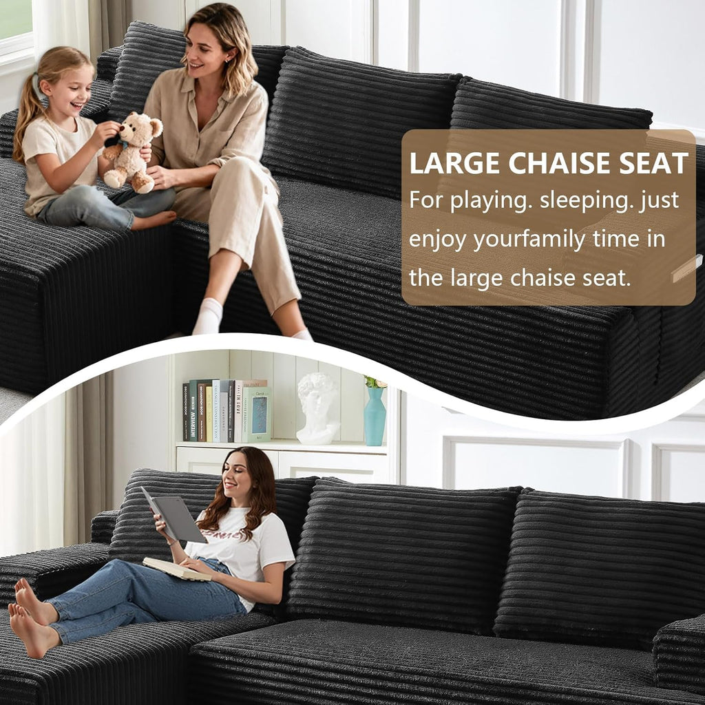 96" Modular Sectional Sofa Couches L-Shape Couch 3 Seat Modular Sofa Corduroy Memory Foam Sectional Boneless Couches for Living Room, Cloud Couch with Oversized Chaise(Black, Left Facing)