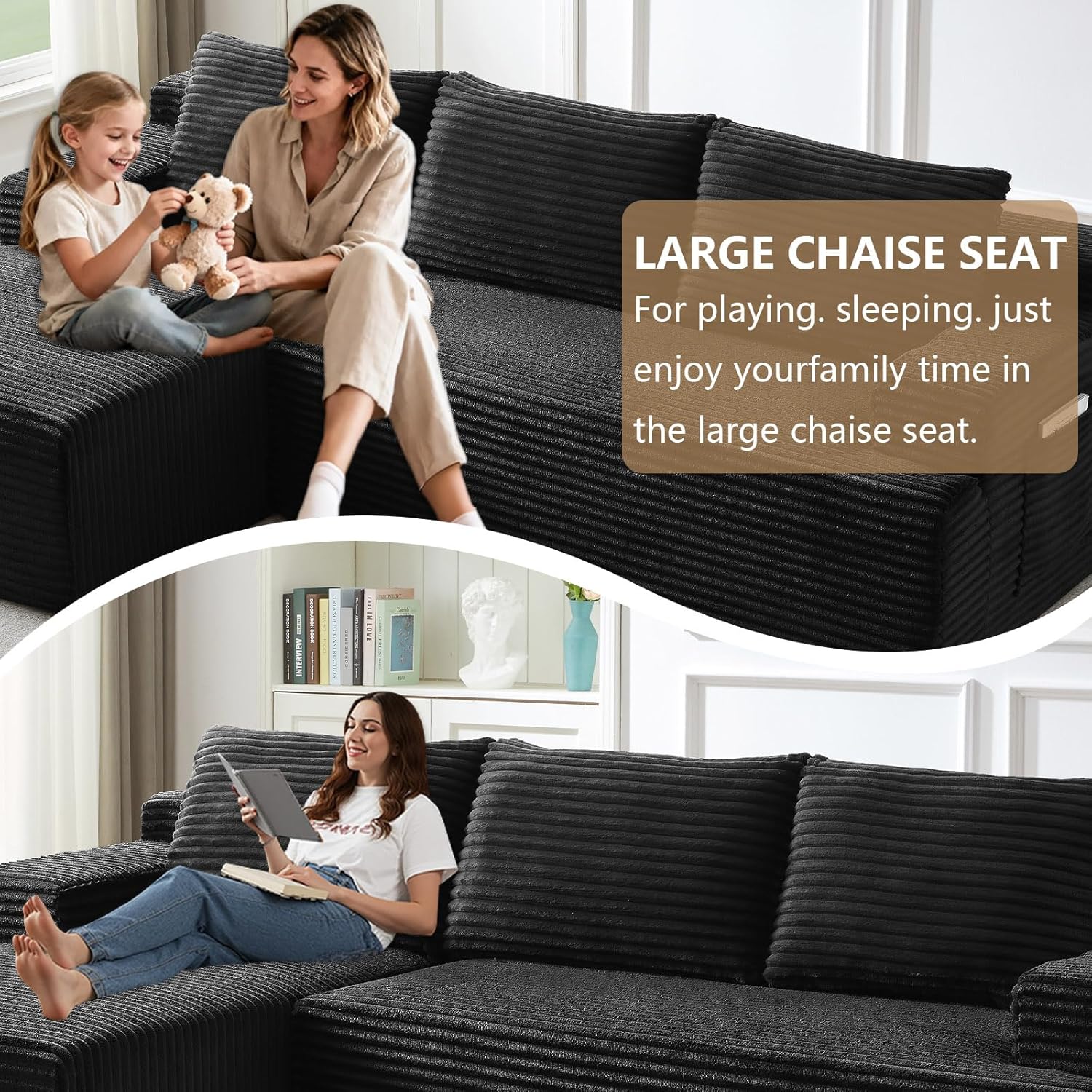 96" Modular Sectional Sofa Couches L-Shape Couch 3 Seat Modular Sofa Corduroy Memory Foam Sectional Boneless Couches for Living Room, Cloud Couch with Oversized Chaise(Black, Left Facing)