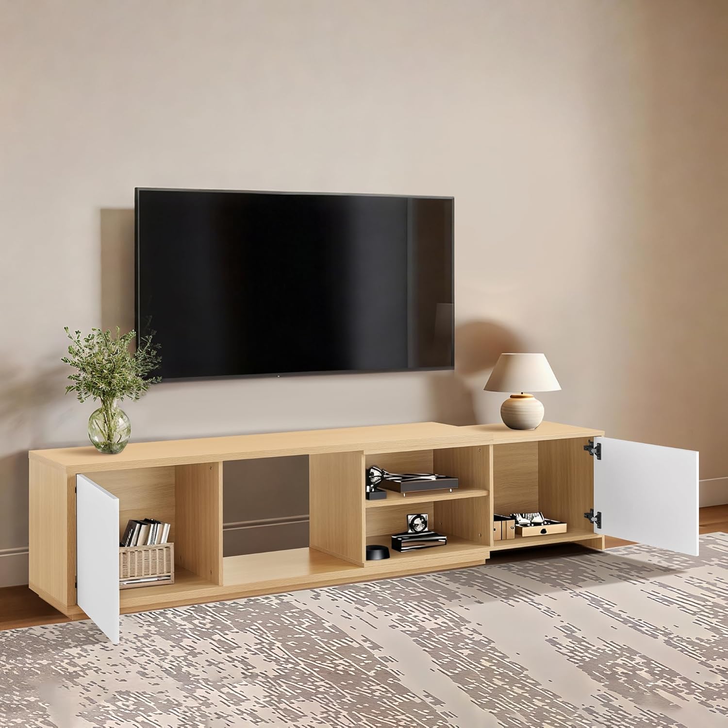 Extendable TV Stand for TVs up to 90",Modern Entertainment Center with Adjustable Shelf,Television Stand with 2 Storage Cabinets,Wooden TV Media Console for Living Room Bedroom Natural Oak
