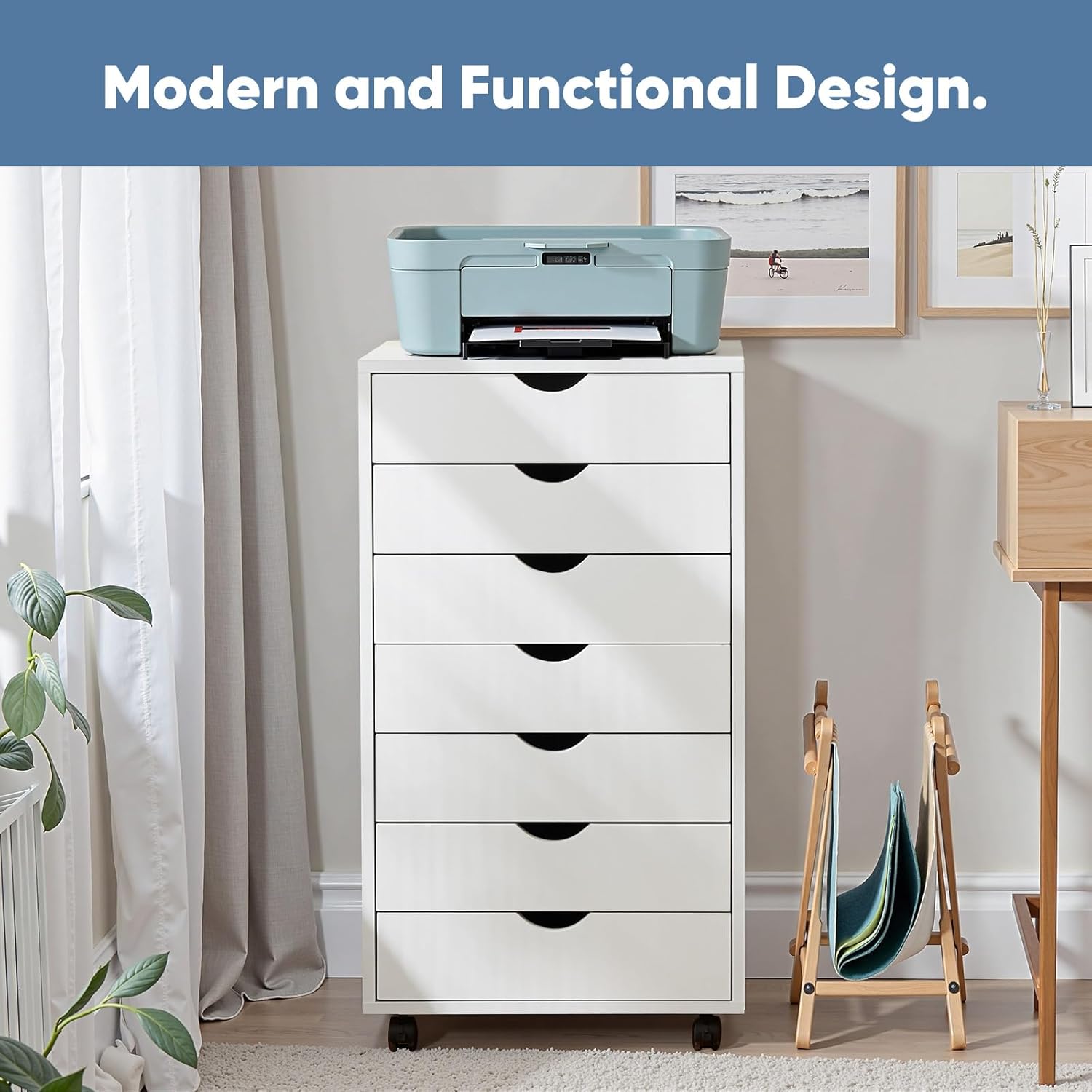 OLIXIS 7 Drawer File Cabinet, Mobile Filing Cabinet Under Desk Storage Organization with Wheels, Vertical Filing Chest Rolling Wood Small Desk Printer Stand for Home Office, White