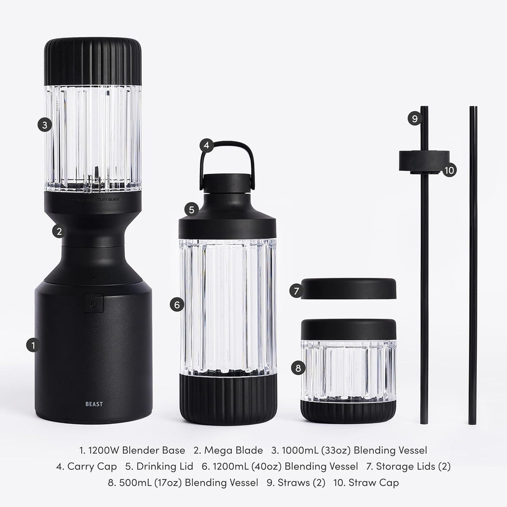Beast Mega 1200 Plus | Premium Countertop Blender | Smoothies, Shakes, Sauces, Dips, Soups | Blends Ice and Frozen Fruit | XL Vessel | With Extra Vessels, Straw System | 1200W | (Carbon Black, 120V)