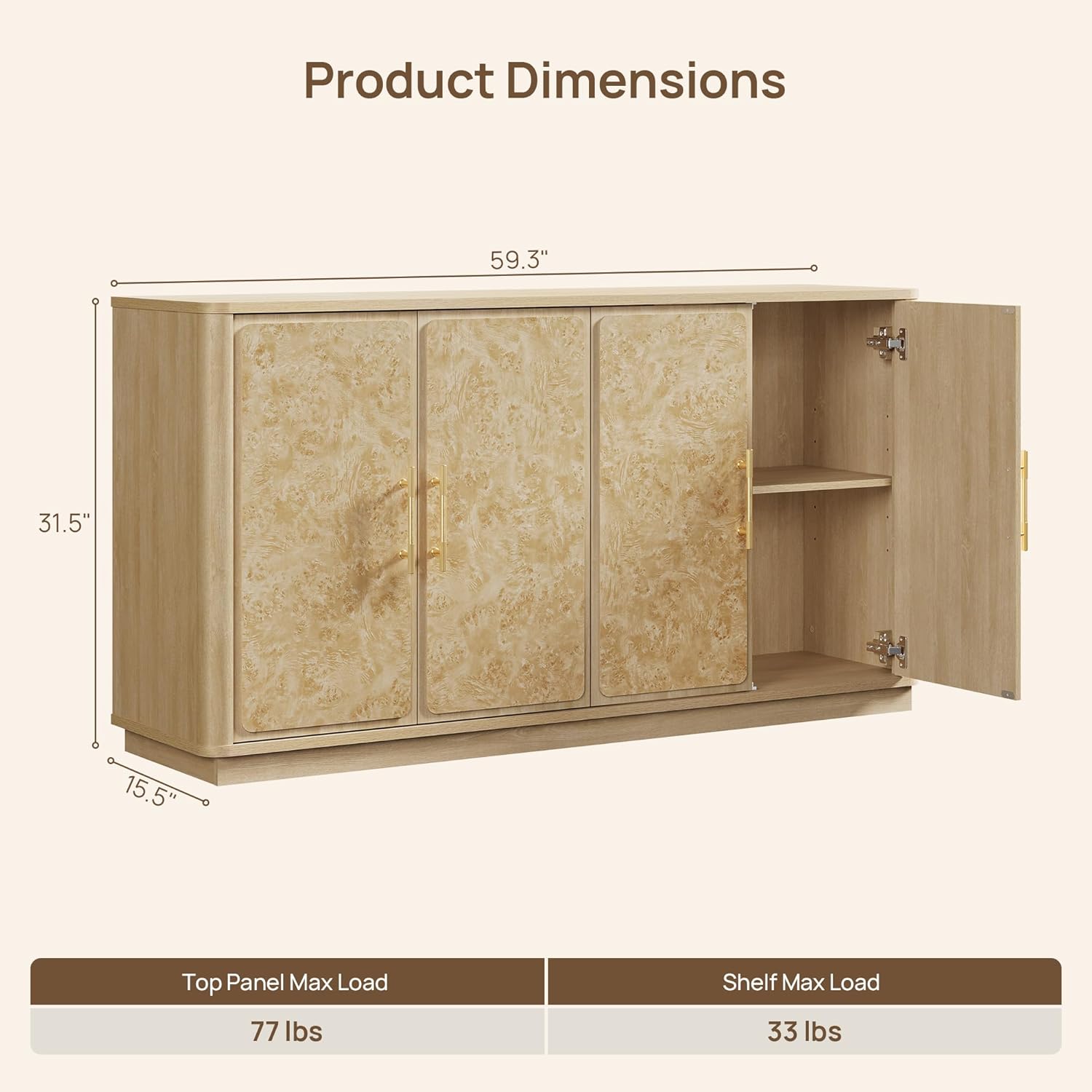 SICOTAS Buffet Cabinet with Storage - 59" Burl Sideboard Cabinet with 4 Doors Luxury Storage Cabinet Accent Credenza Large Media Console Table for Living Room Dining Room Entryway Kitchen