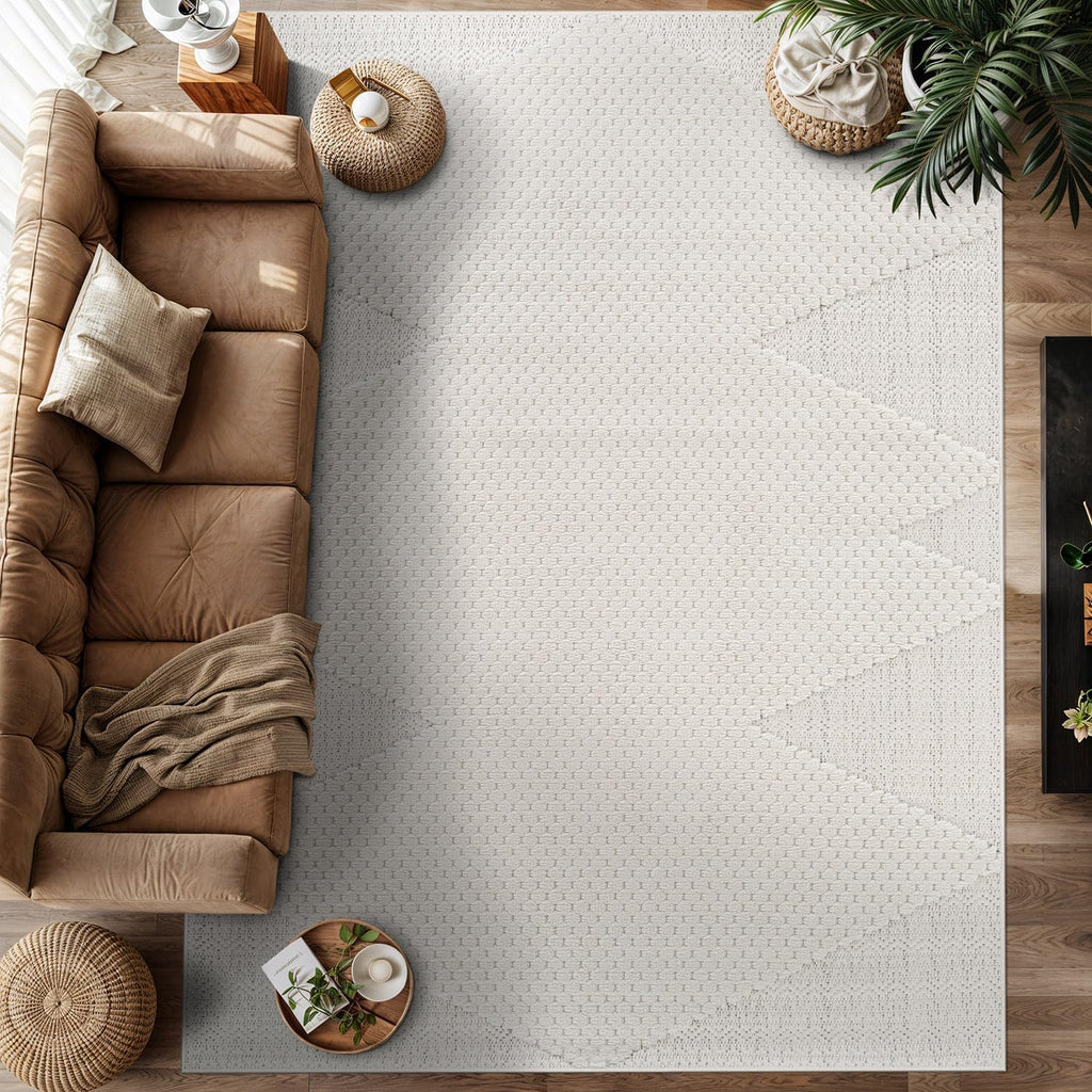 Modern Micro Loop Indoor Area Rugs for Living Room Bedroom Kitchen Geometric Triangle White 9x12 Luxury Durable Low and High Pile Non-Shedding Stain Resistant Soft Area Carpet 9 x 12
