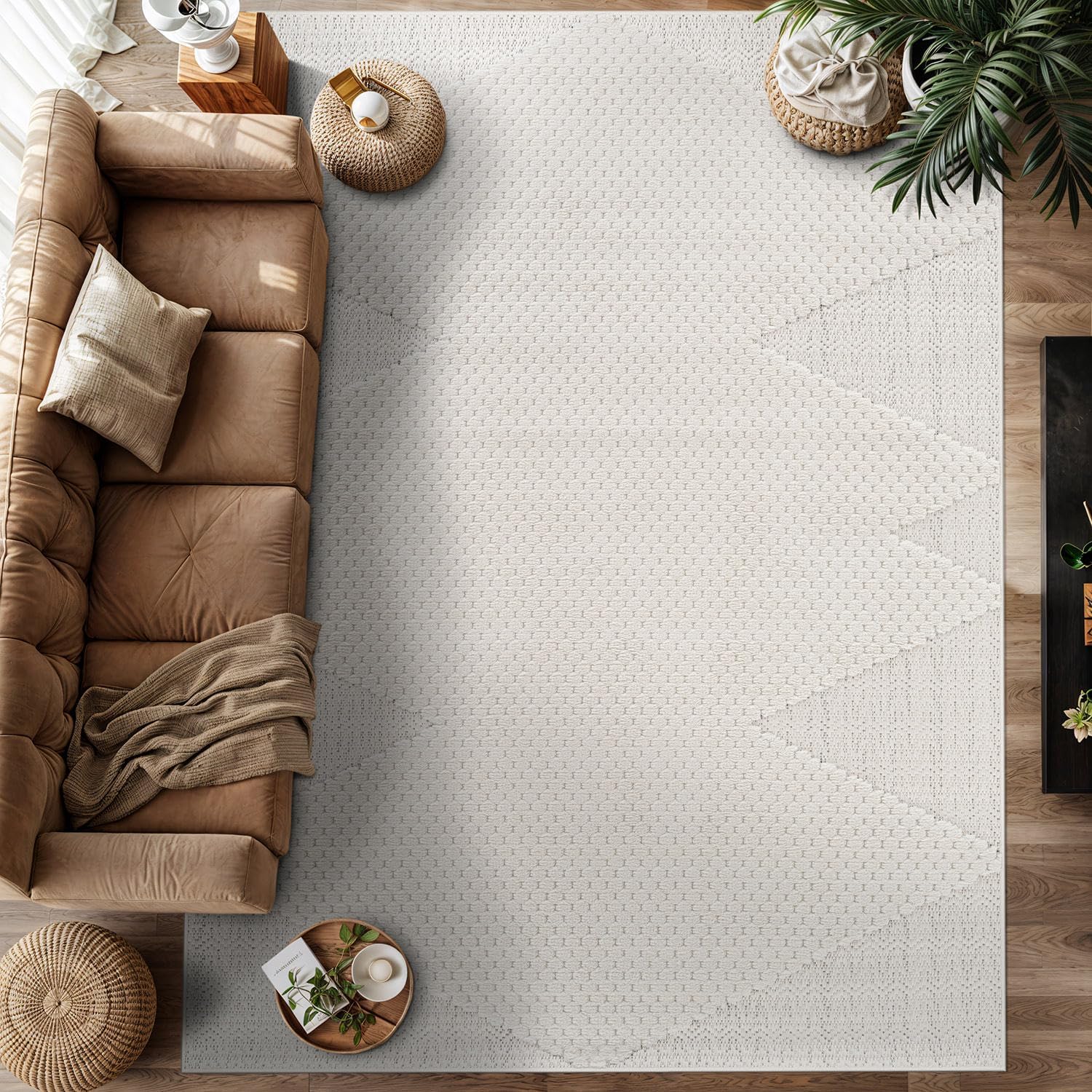 Modern Micro Loop Indoor Area Rugs for Living Room Bedroom Kitchen Geometric Triangle White 9x12 Luxury Durable Low and High Pile Non-Shedding Stain Resistant Soft Area Carpet 9 x 12
