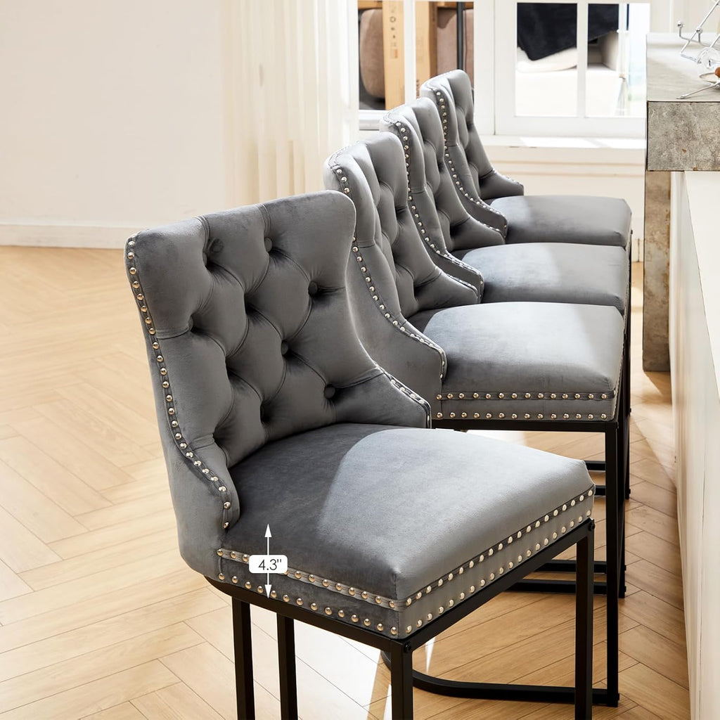 UVV Counter Height Bar Stools Set of 2, 26" Modern Barstools with Back, Velvet Upholstery Counter Chairs with Metal Legs for Kitchen Island, Bar, Counter, Gray