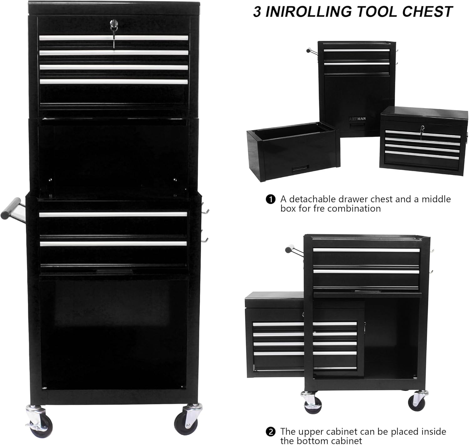 RYH 6 Drawers Rolling Tool Chest & Tool Box on Wheels | Heavy Duty Metal Cart with Ball Bearing Drawers | Fits US General Tool Box for Garage Storage (Black, 6 Drawers 3 in 1/51.99" H × 20.87" W)