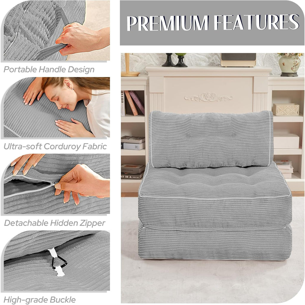 HABUTWAY Folding Sofa Bed, Convertible Sleeper Chair Bed w/Dual-Pillow & Handle, Foldable Floor Sofa Lounge w/Back Support for Living Room, Bedroom, Apartment, Office, Single, Light Grey