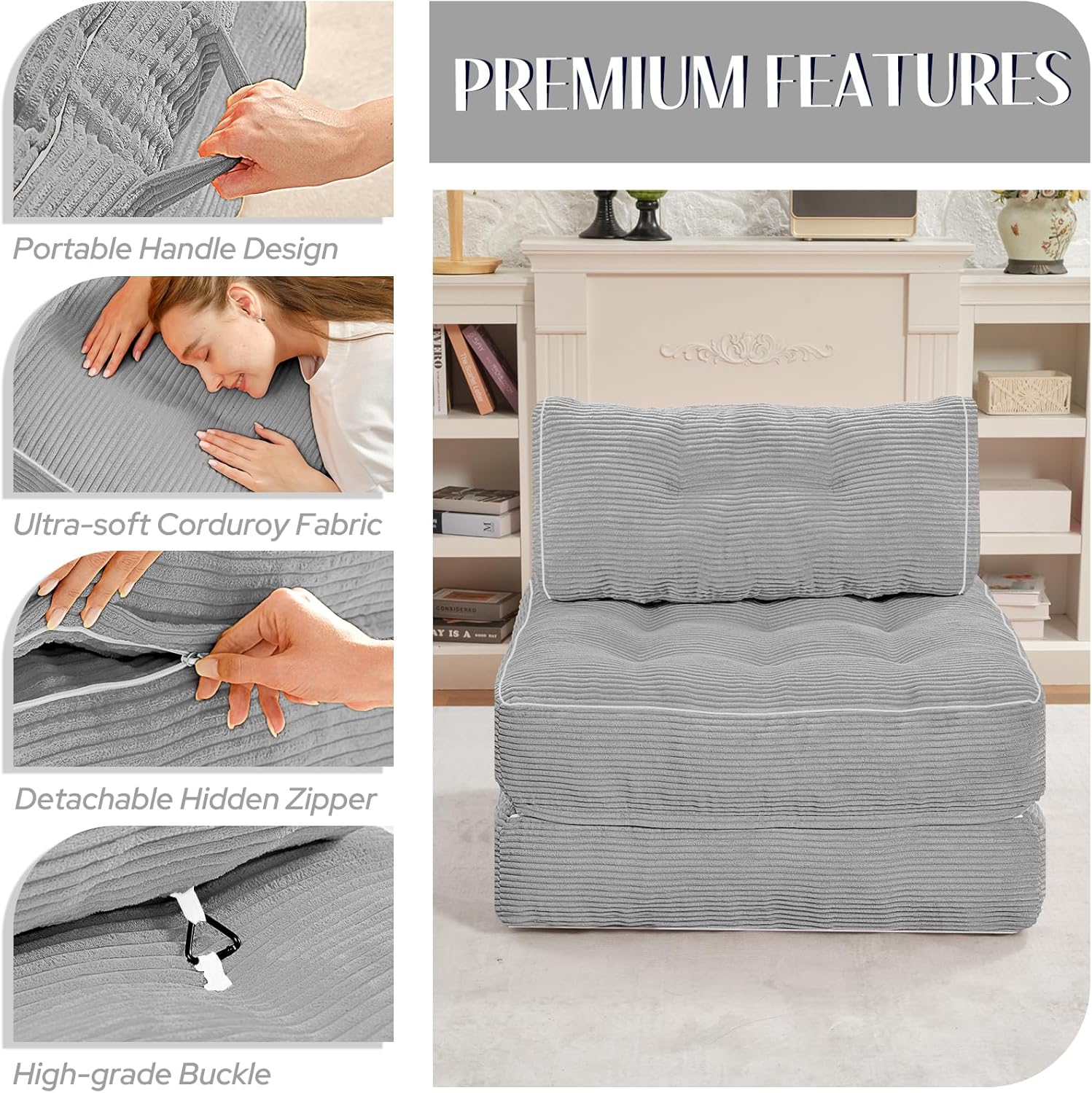 HABUTWAY Folding Sofa Bed, Convertible Sleeper Chair Bed w/Dual-Pillow & Handle, Foldable Floor Sofa Lounge w/Back Support for Living Room, Bedroom, Apartment, Office, Single, Light Grey