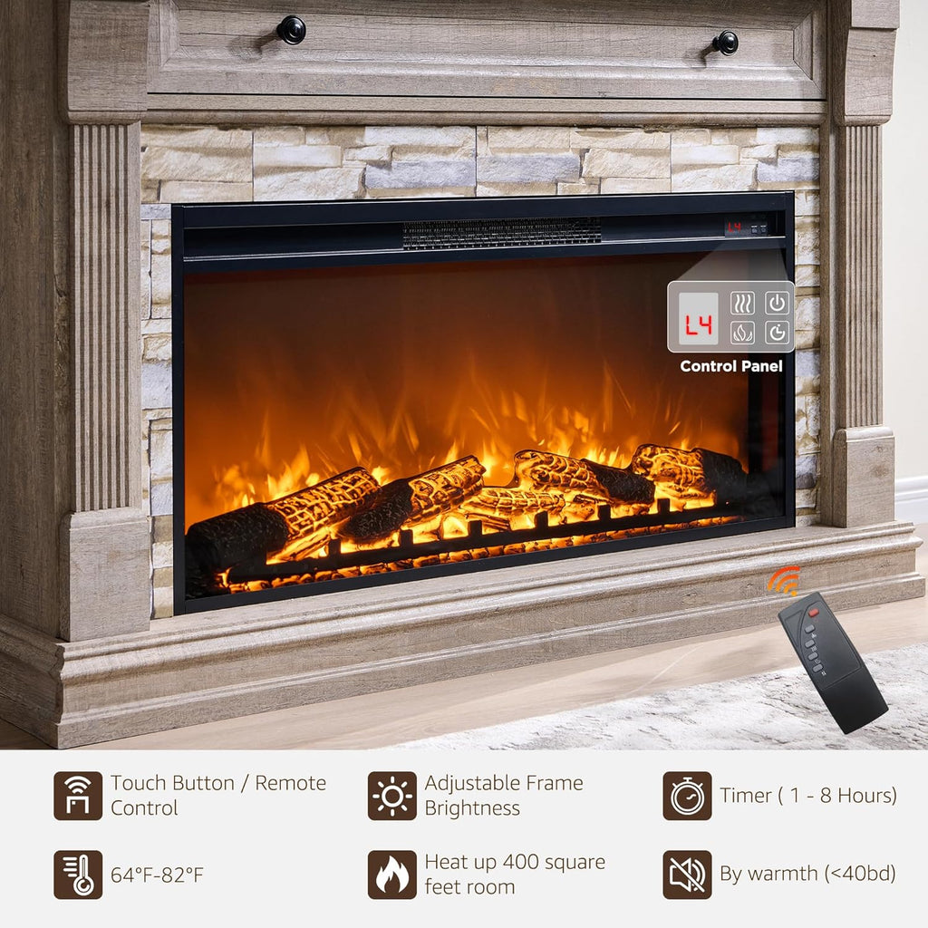 OKD 52" Farmhouse Electric Fireplace TV Stand with Mantel & Cabinet, 36" Freestanding Electric Fireplace Heater with Remote Control, Adjustable 3D Flame Effect, Light Rustic Oak