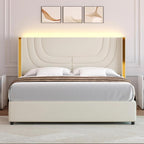 Queen Bed Frame with LED Lights, Faux Leather Upholstered Platform with Silver Wingback Headboard, Modern Style, No Box Spring Needed, Easy Assembly, Cream