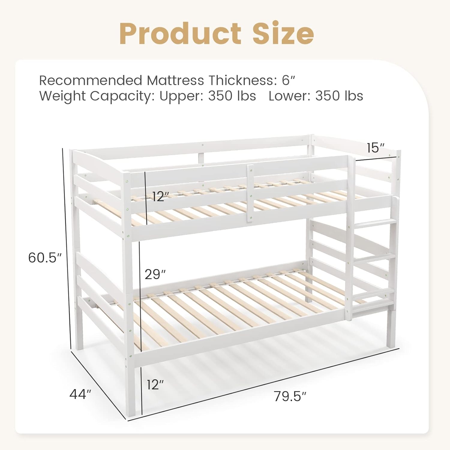 DORTALA Twin Over Twin Bunk Bed, Rubber Wood Convertible Wood Bunk Bed with Ladder Guardrail, Safety High Guardrail, Solid Wood Frame, Practical Morden Bunk Beds for Home, Dorm, Apartment, White