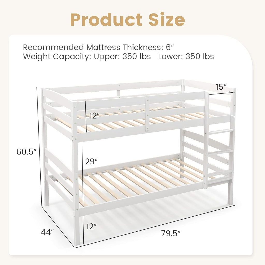 DORTALA Twin Over Twin Bunk Bed, Rubber Wood Convertible Wood Bunk Bed with Ladder Guardrail, Safety High Guardrail, Solid Wood Frame, Practical Morden Bunk Beds for Home, Dorm, Apartment, White