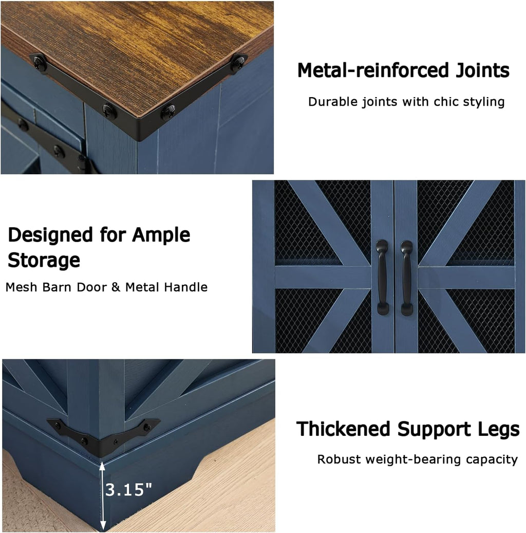 24" Farmhouse End Table Set of 2 with Charging Station and Mesh Barn Door, Rustic Wood Nightstand with Storage Shelf for Living Room & Bedroom, Navy Blue