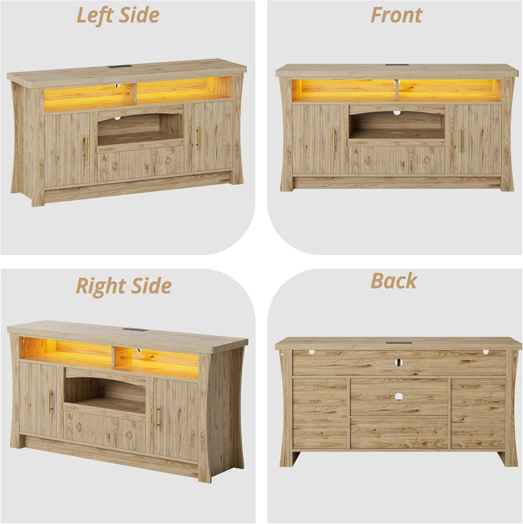 LIKIMIO TV Stand for TVs 65 inch, Entertainment Center with Power Outlet and Led Lights, TV Console with Storage Cabinets and Drawer, Farmhouse TV Stands for Living Room