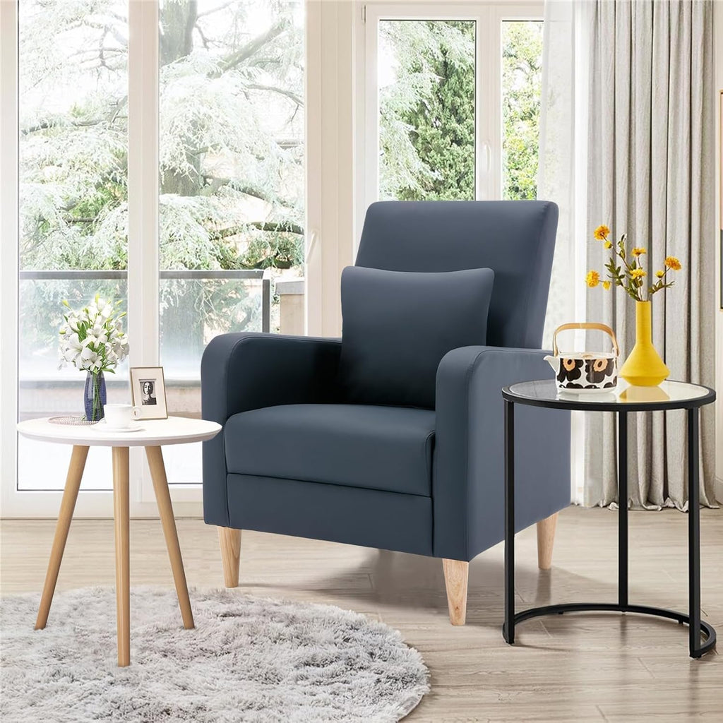 COLAMY Modern Upholstered Accent Chair Armchair with Pillow, PU Leather Reading Living Room Side Chair,Single Sofa with Lounge Seat and Wood Legs, L-Blue