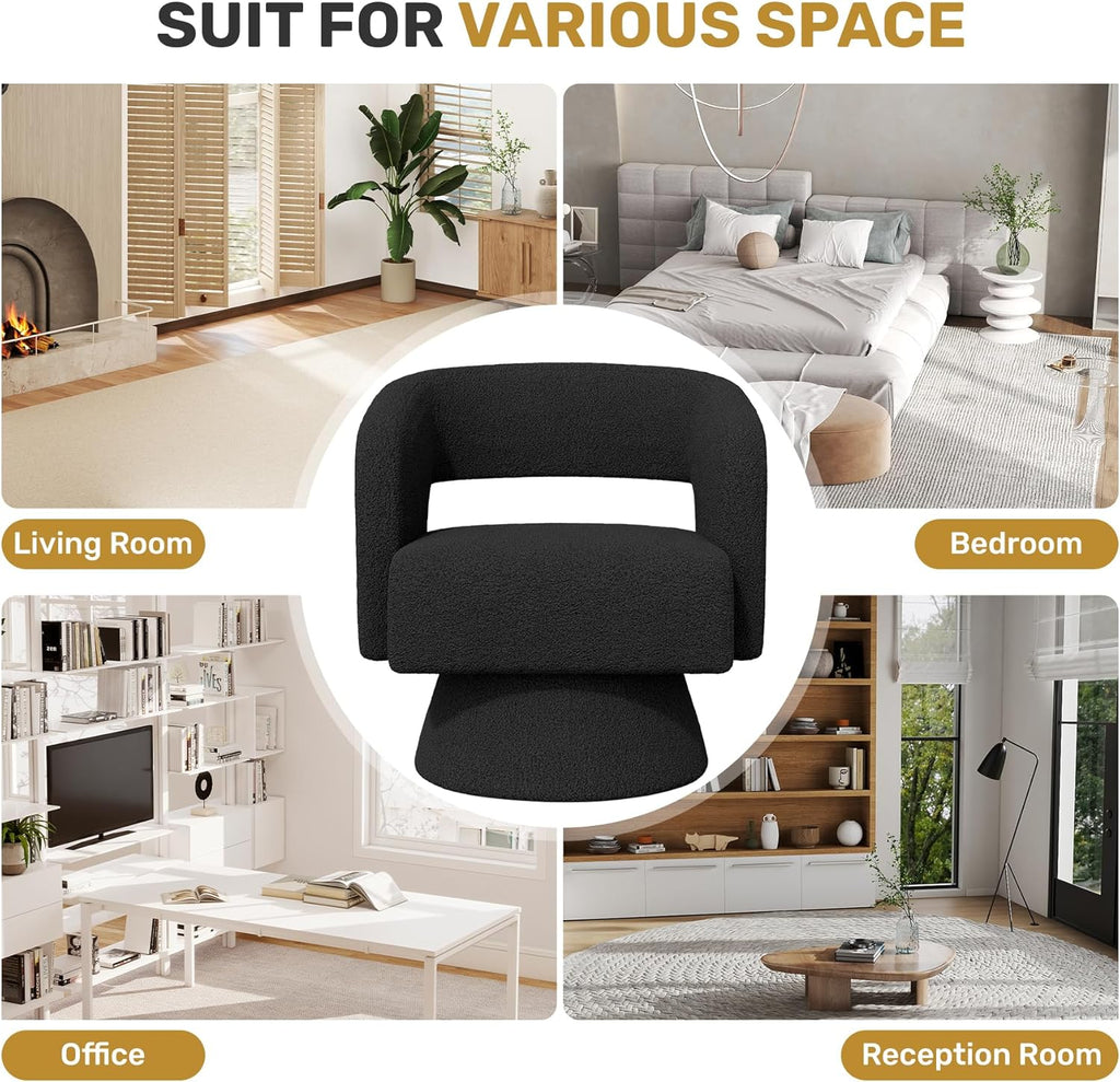 Swivel Accent Chair Set of 2, Modern Comfy Teddy Barrel Chairs, Oversized Upholstered Round Arm Chair for Living Room, Bedroom, Reading Room, Black
