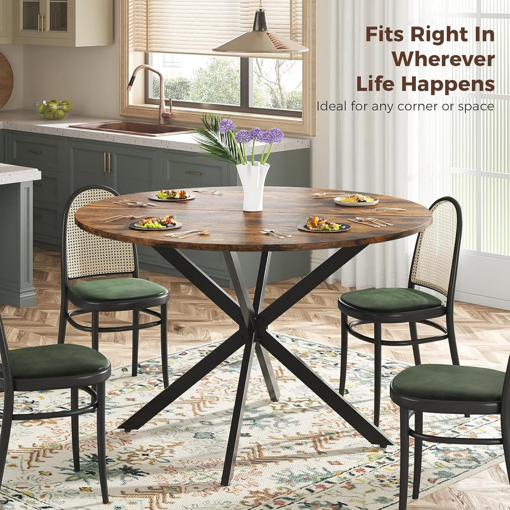 Unovivy 47 Inch Round Dining Table for 4,Space Saving Circle Dining Table with Pedestal Metal Frame,Farmhouse Wood Round Kitchen Table for Living & Dining Room,Rustic Brown