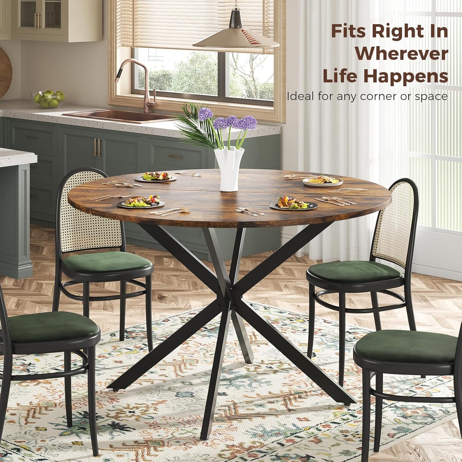 Unovivy 47 Inch Round Dining Table for 4,Space Saving Circle Dining Table with Pedestal Metal Frame,Farmhouse Wood Round Kitchen Table for Living & Dining Room,Rustic Brown