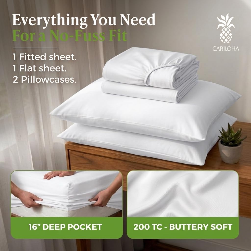 Cariloha 100% Organic Bamboo Viscose Sheets – 4-Piece King Sheet Set – 16 in Deep Pockets – Buttery Soft, Hypoallergenic, Cooling Sheets – Oeko-TEX Standard 100 – White