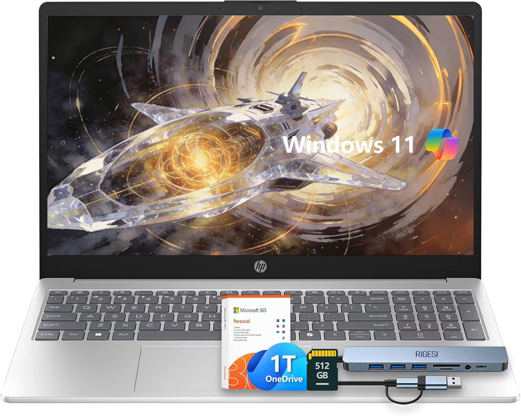 HP 15.6" Laptop – Complete Productivity Solution  Windows 11 with Microsoft Office  Intel 4 Core N100  8GB RAM  640GB Storage (128GB UFS + 512GB SD Card)  Copilot AI  Lightweight – Silver