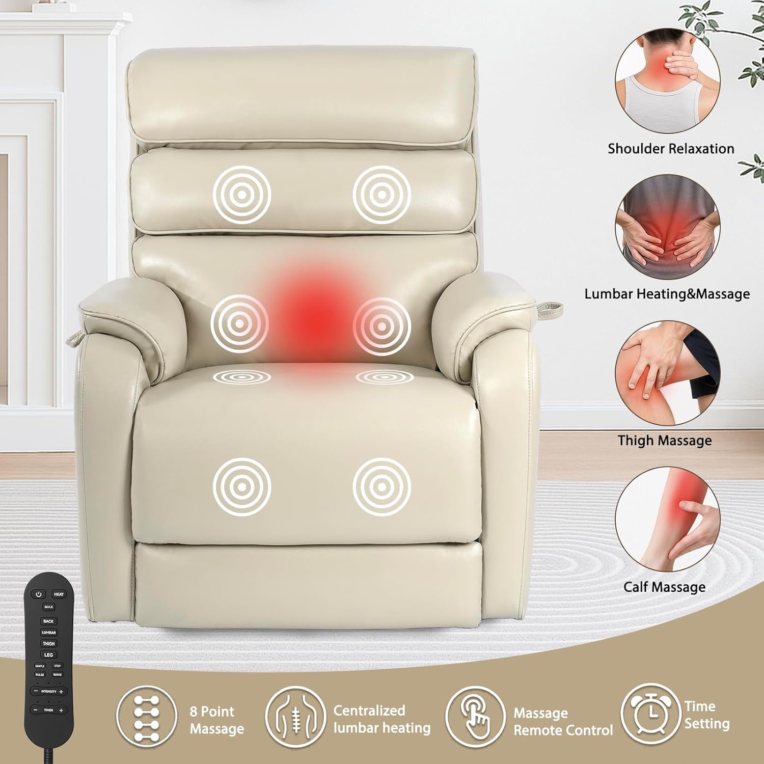 EONIX Dual Motor Lay Flat Power Lift Recliner Chair for Elderly, Breathable Leather Electric Lift Chairs for Adults, 400lbs Heavy Duty Power Recliner with Heat and Massage, SLRY003061, Cream White