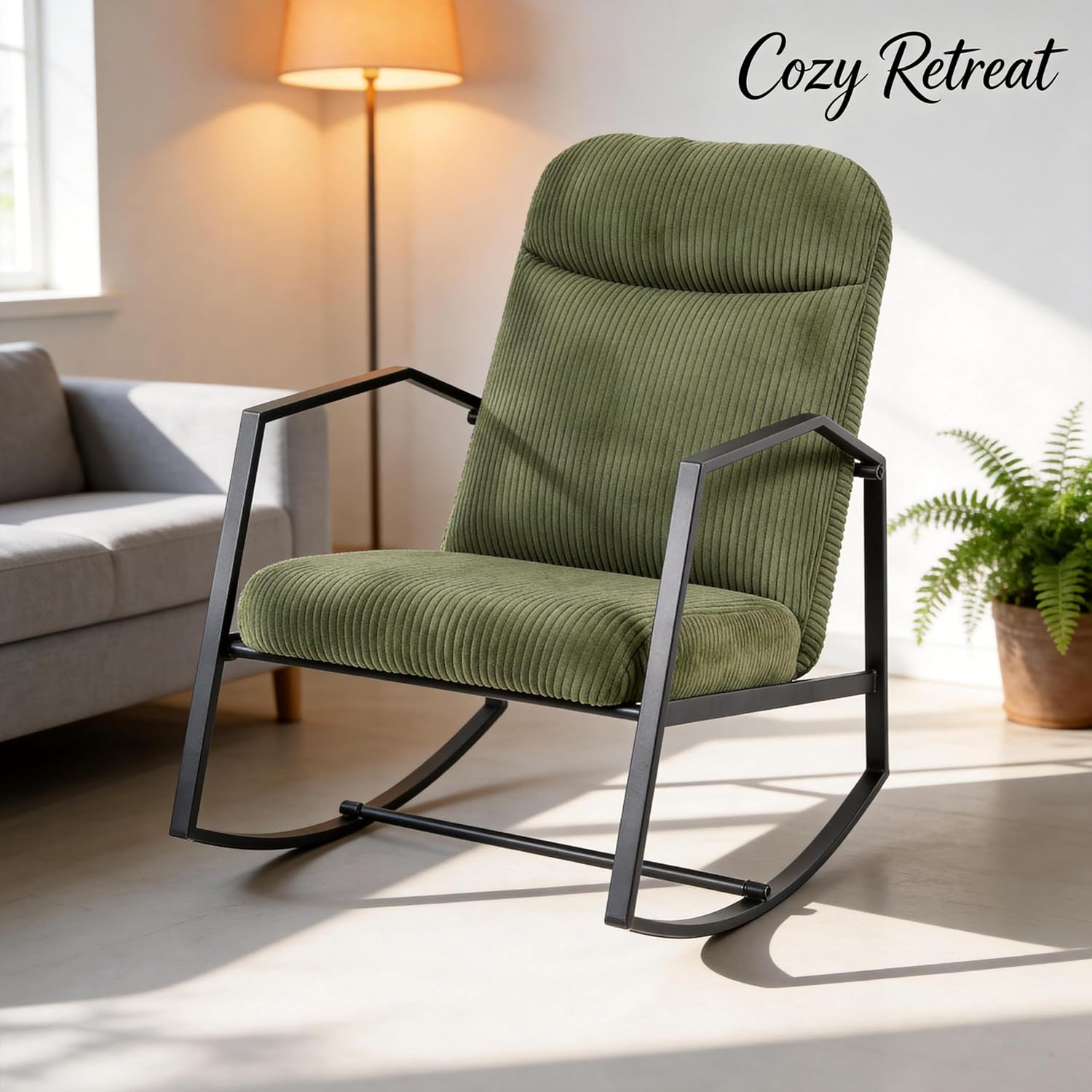 Kinfant Mid Century Modern Rocking Chair, Corduroy Upholstered Accent Chair with Metal Frame, High Back Nursery Glider Rocker, Comfy Reading Lounge Chair for Living Room Bedroom Small Space Green