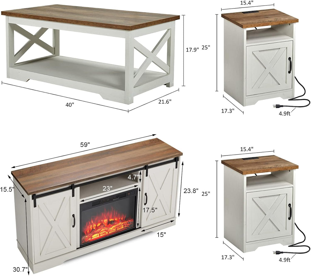 AMERLIFE 5-Piece Farmhouse Table Set Includes Fireplace TV Stand, Coffee Table& Two End Tables with Charging Station and USB Ports, for Living Room, Distressed White, 59"