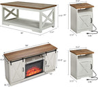 AMERLIFE 5-Piece Farmhouse Table Set Includes Fireplace TV Stand, Coffee Table& Two End Tables with Charging Station and USB Ports, for Living Room, Distressed White, 59"