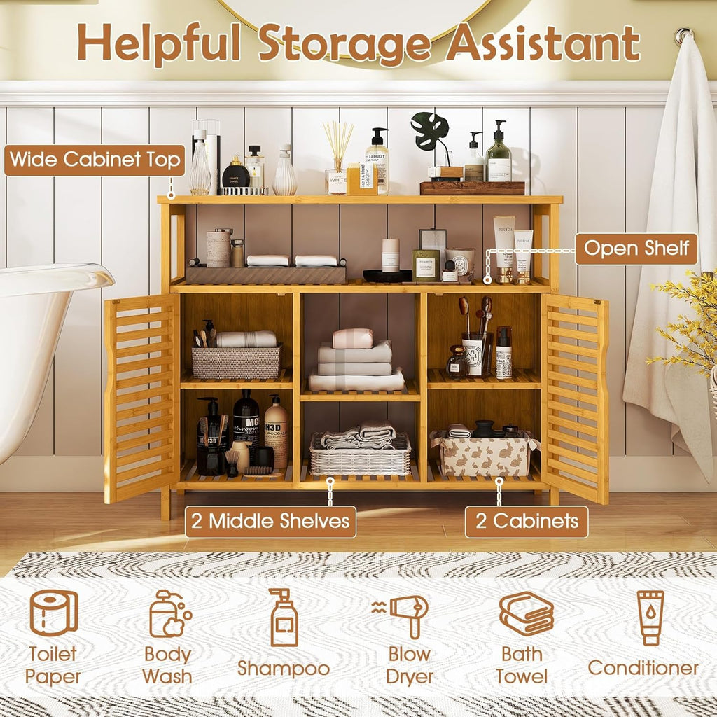 Giantex Bamboo Bathroom Storage Cabinet, 2-Door Storage Organizer with Shelves, Freestanding Floor Cabinet, Slatted Bamboo Home Furniture for Living Room Entryway Kitchen Dining Room, Natural