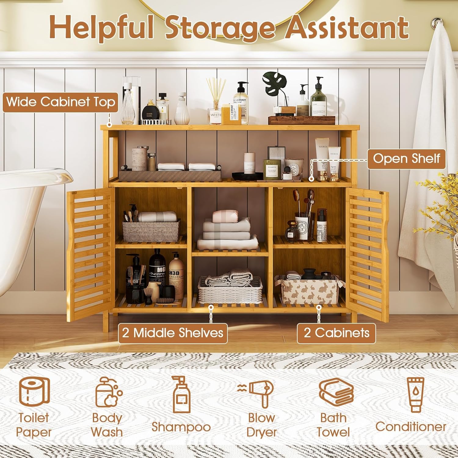 Giantex Bamboo Bathroom Storage Cabinet, 2-Door Storage Organizer with Shelves, Freestanding Floor Cabinet, Slatted Bamboo Home Furniture for Living Room Entryway Kitchen Dining Room, Natural