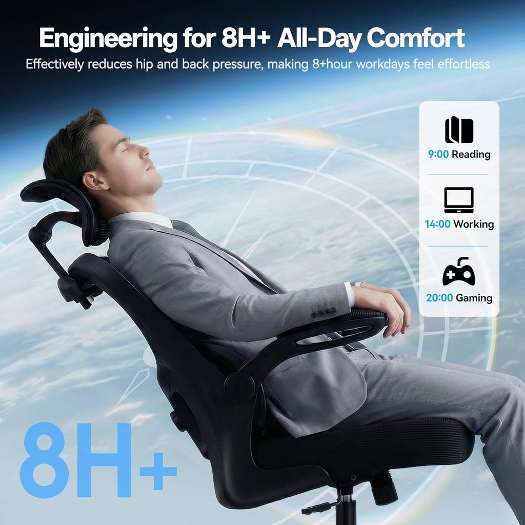 AreShark Office Chair-Ergonomic Desk Chair with Hidden Hanger & Flip-Up Arms, High Back Mesh Computer Chair with 2D Headrest & Adjustable Lumbar, Comfy Rolling Task Chair for Home Work Gaming, Black