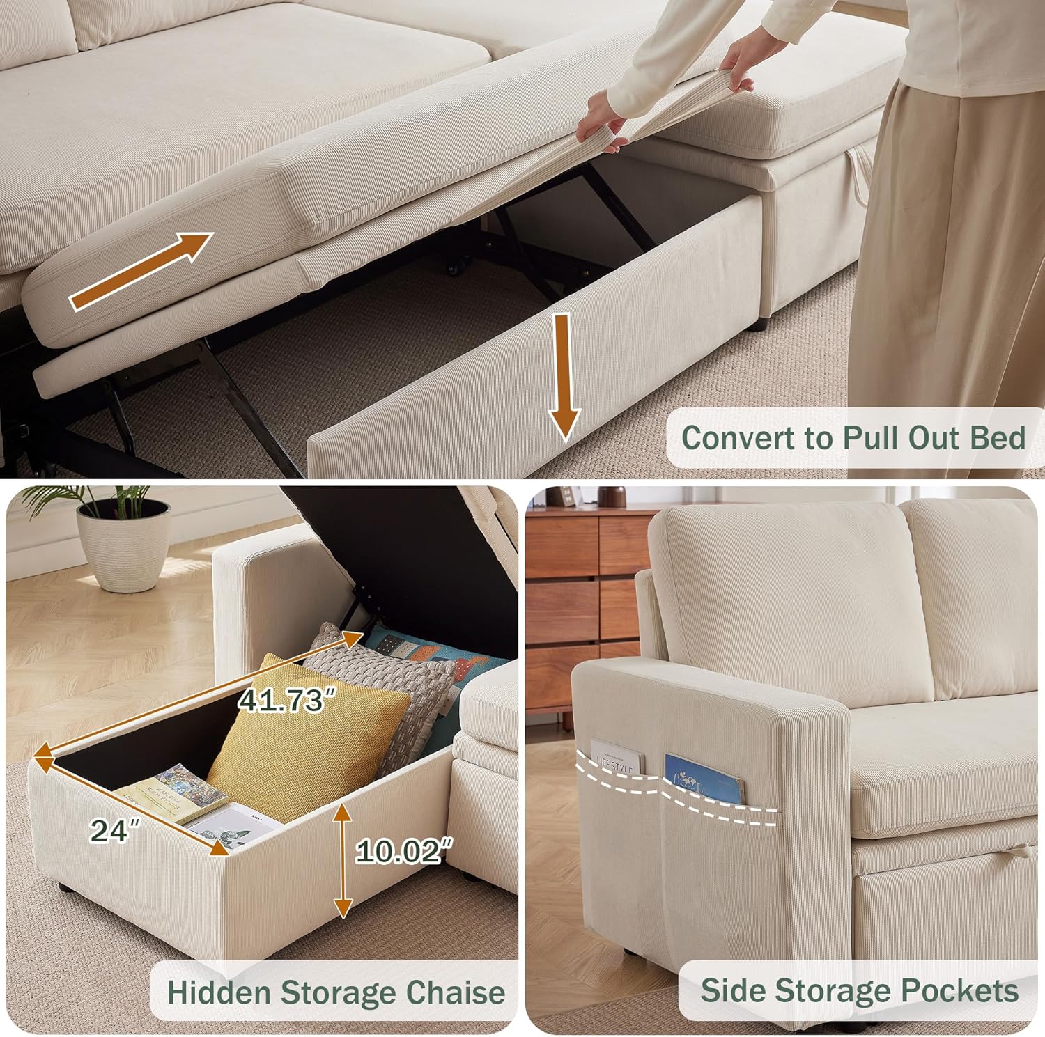 Sleeper Sofa, 79" Sectional Sofa Bed, 2 in 1 Pull Out Couch Bed with Storage Chaise and Side Pockets, L Shaped Sleeper Couch for Living Room, Beige