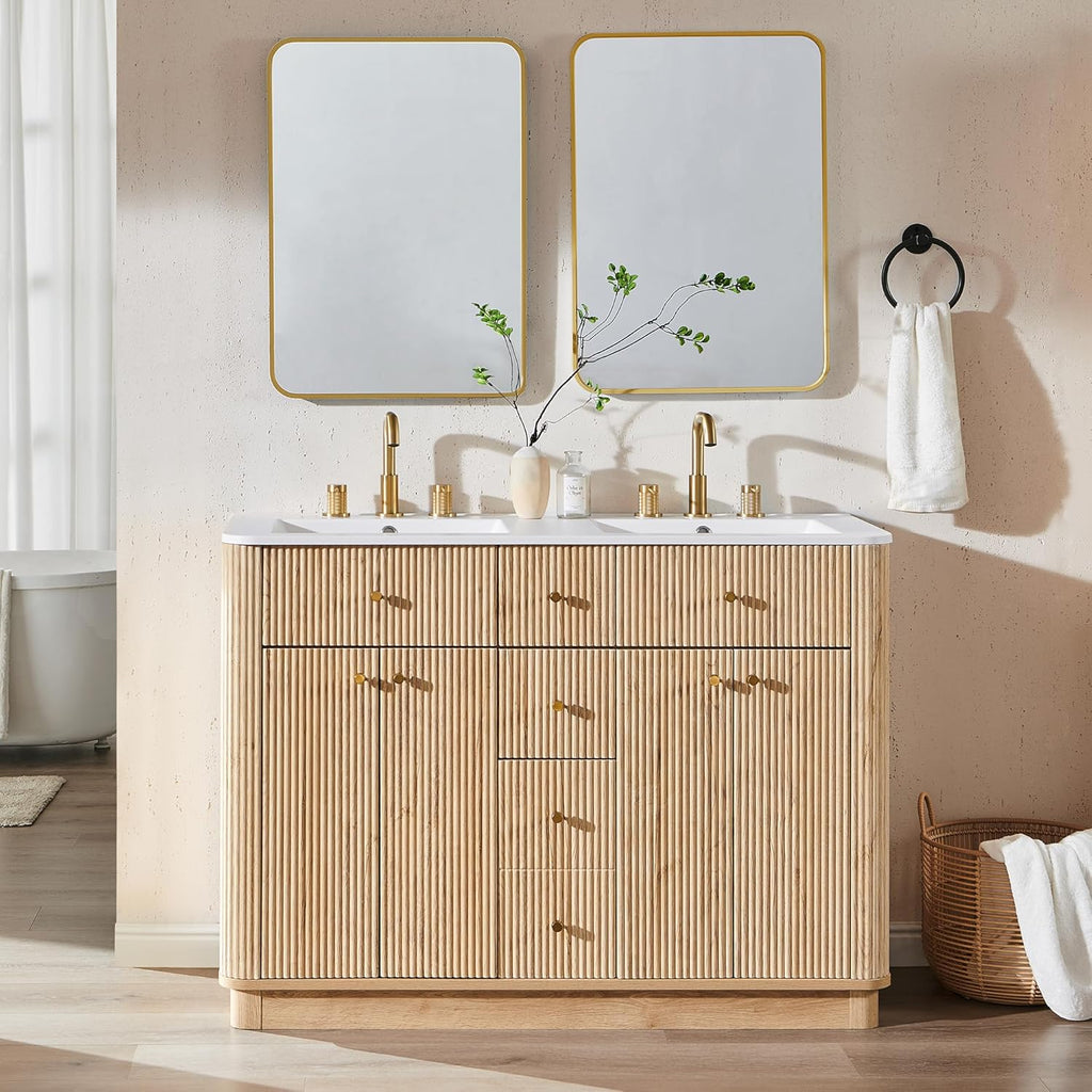 T4TREAM 48 Inch Bathroom Vanity with Sink, Modern Fluted Large Double Sink Bathroom Vanity with 2 Storage Cabinets, Adjustable Shelf, and 2 Drawers, Natural Oak