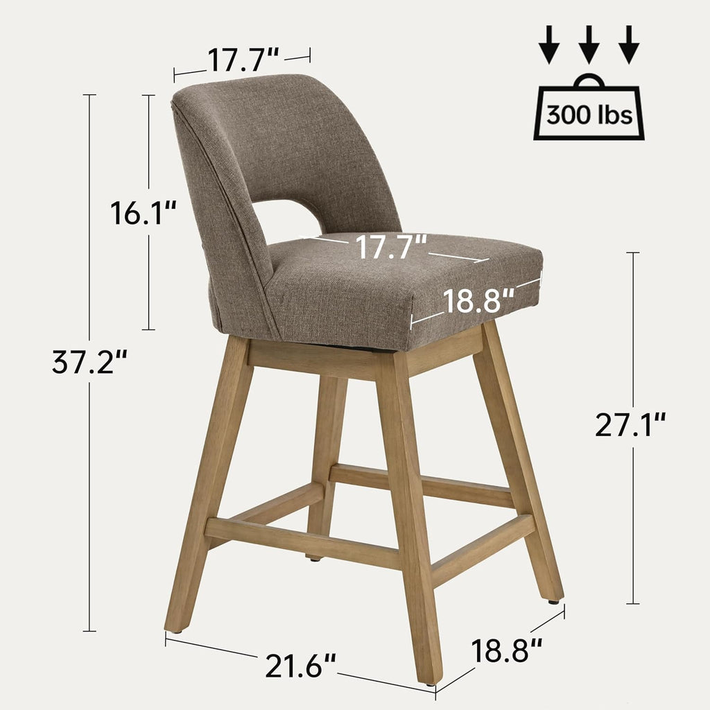 VKNOW 27" Swivel Bar Stools Set of 2, Upholstered Counter Height Bar Stools with Backrest and Rubberwood Legs, Fabric Barstools for Kitchen Island, Breakfast Bar, Living Room, Dining Room, Brown