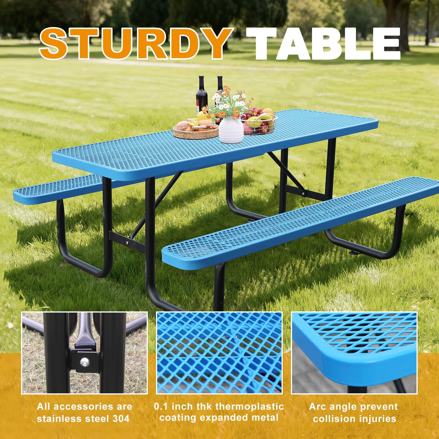 4ft Rectangular Picnic Table – Heavy-Duty Metal Mesh Outdoor Dining Table  Thermoplastic Coated Steel  Outdoor Living  Parks & Schools (Blue  4ft)