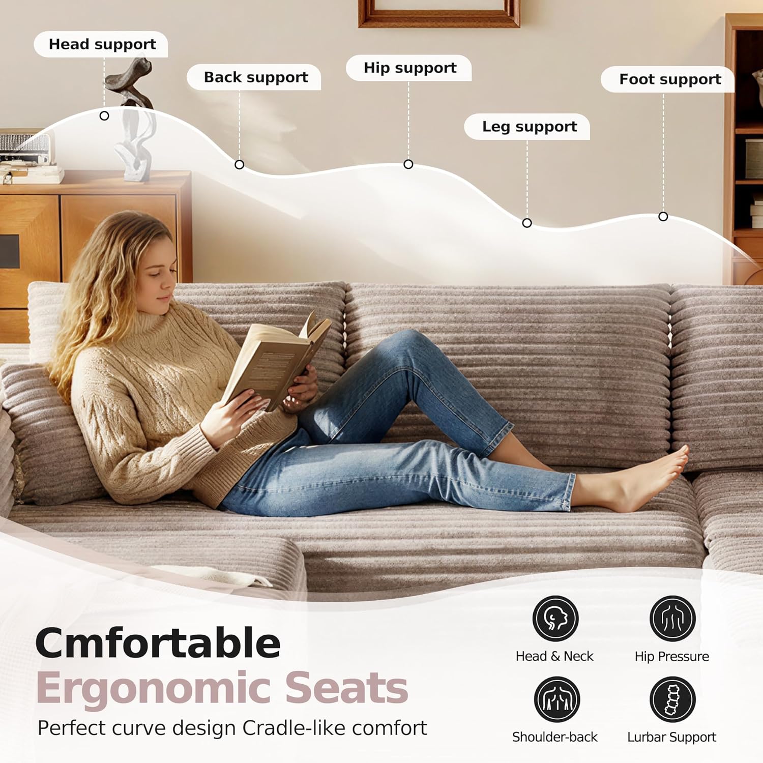 108.2" Modular Sectional Sofa with Deep Seat, Boneless U Shaped Corduroy Couch Modern Comfort, Cloud Couch Oversized for Living Room No Assembly (Camel)