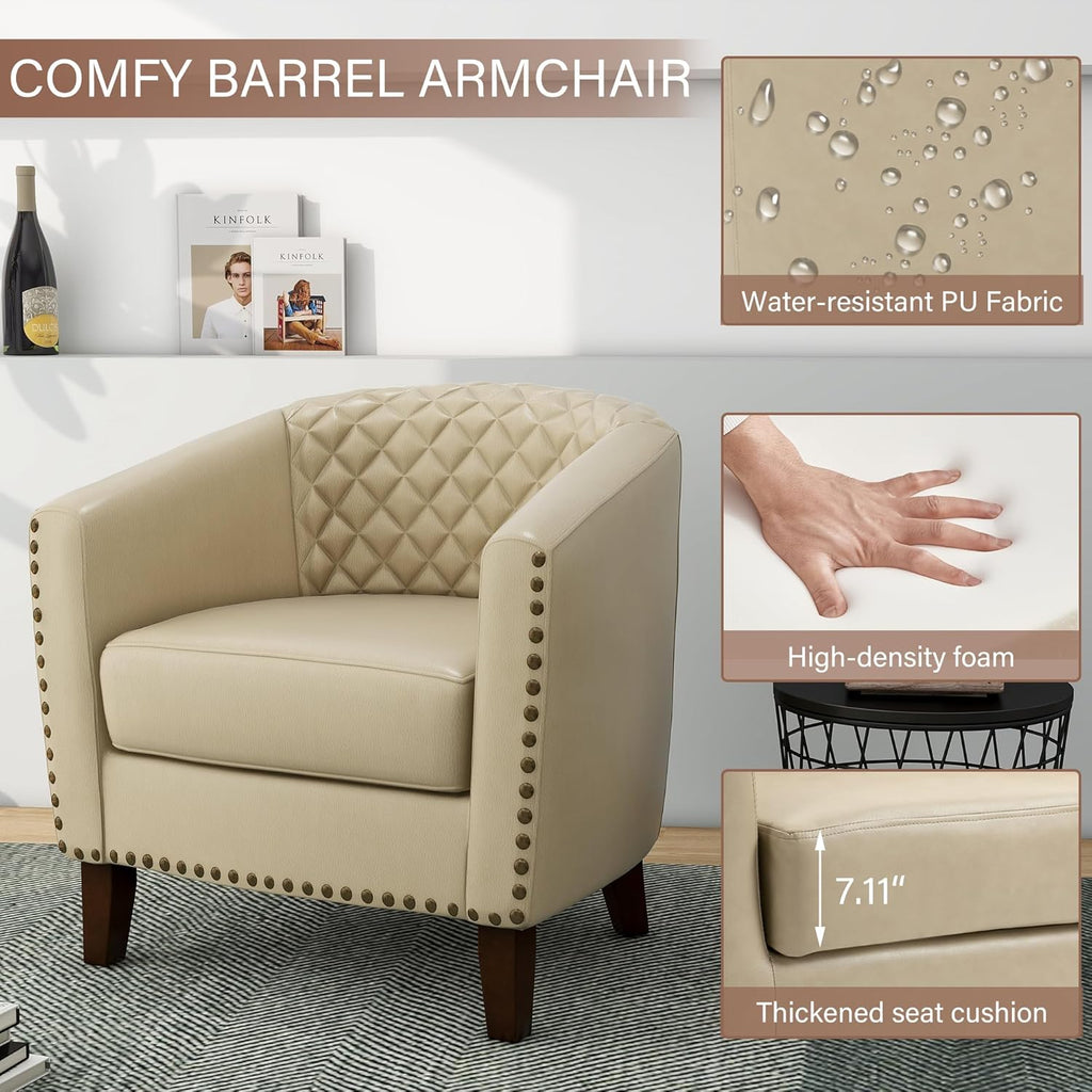 Pia Ricco Faux Leather Barrel Chairs Set of 2, Modern Comfy Accent Chairs, Upholstered Armchair Club Chairs with Nailhead Trim, Single Sofa Barrel Chair for Living Room Reading Room, Beige