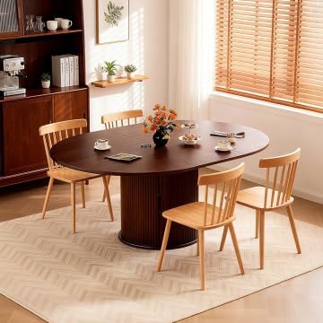 Dining Table for 4-6,59“Extendable Round Dining Room Kitchen Table with Storage,Round Table for Living Room,Fluted Wood Table with Slide Door,Expandable Oval Dinner Furniture with Pedestal Base,Walnut