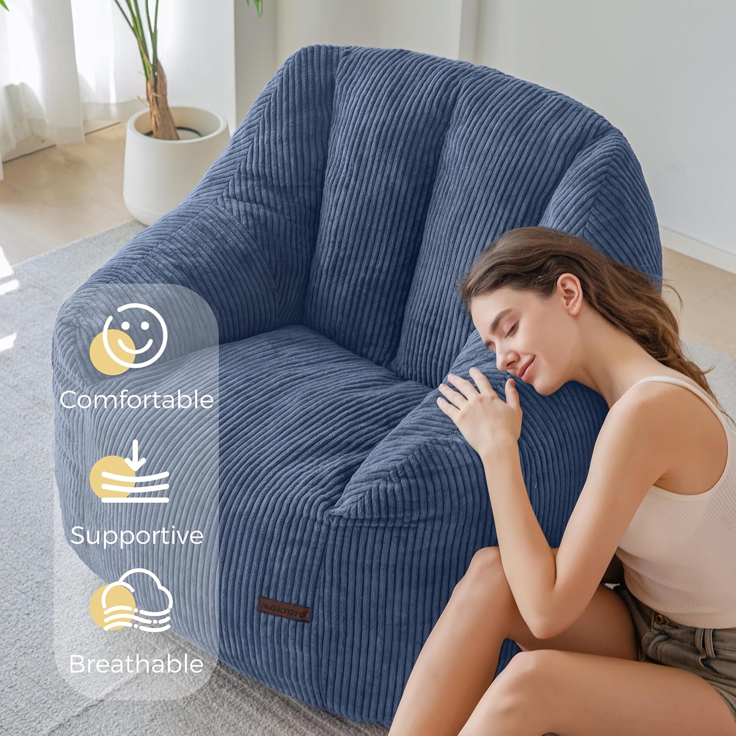 MAXYOYO Bean Bag Chair, Bean Bag Sofa with Filler, Cozy Living Room Chair for Adults and Kids, Stuffed Floor Sofa for Bedroom Dorm Reading, Dusty Blue