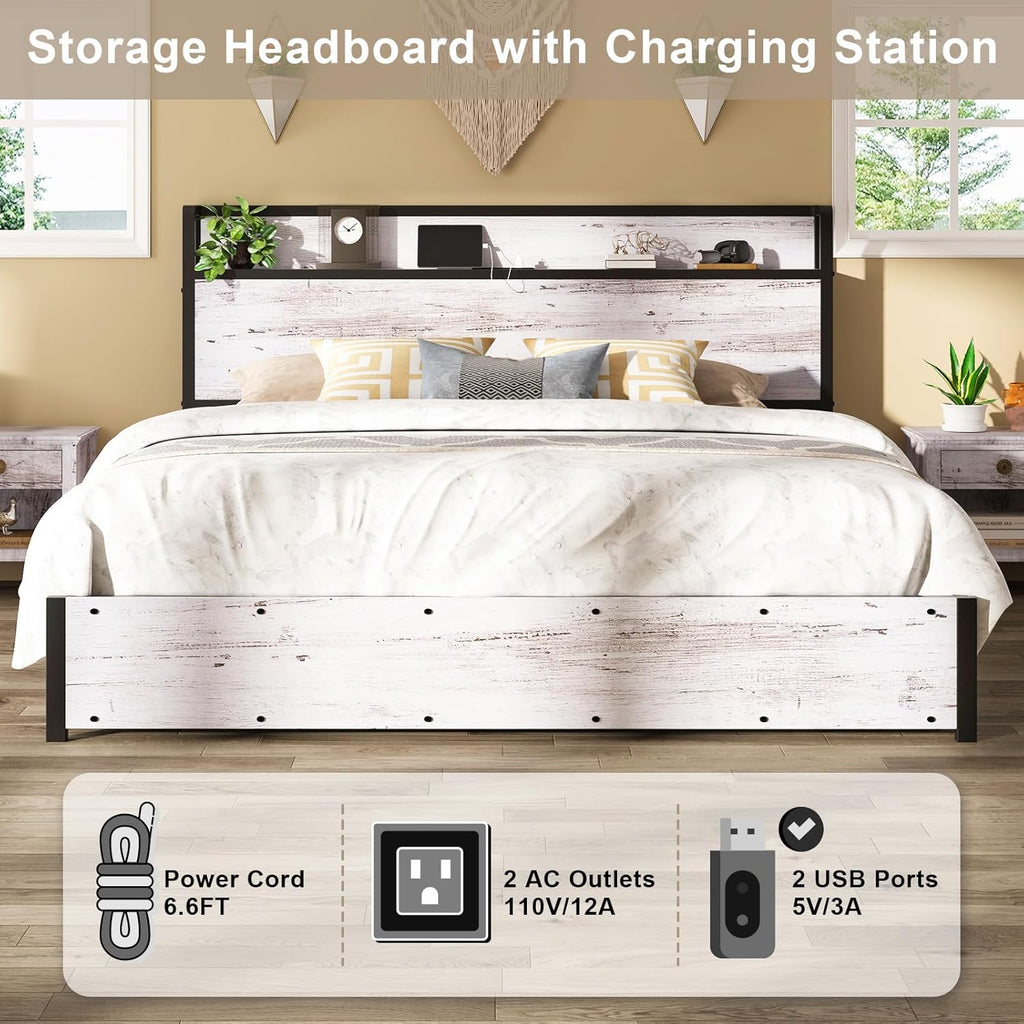 AMERLIFE Queen Size Lift Up Storage Bed Frame, Wooden Platform Bed Frame with Lifting Storage & Charging Station, No Spring Box Needed/Noise Free, White Birch