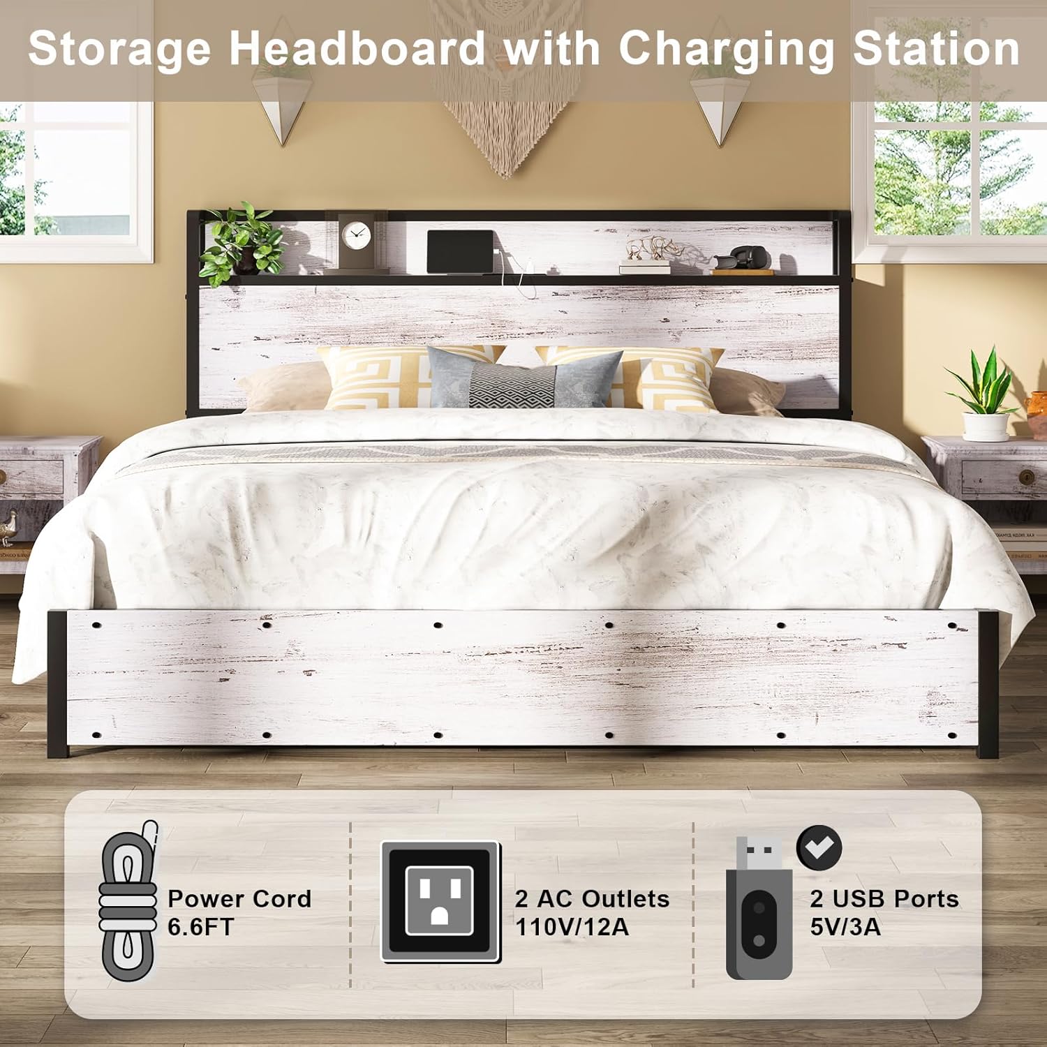 AMERLIFE Queen Size Lift Up Storage Bed Frame, Wooden Platform Bed Frame with Lifting Storage & Charging Station, No Spring Box Needed/Noise Free, White Birch